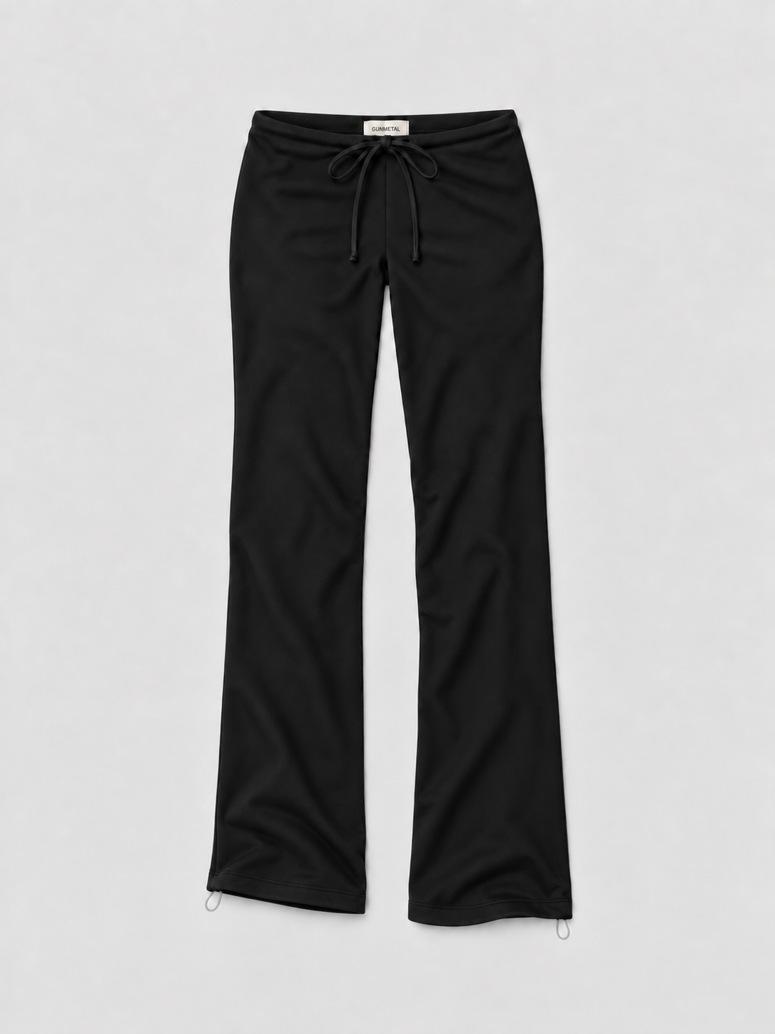Black wide-leg lounge pants with an elastic drawstring waist, shown flat against a light gray background.