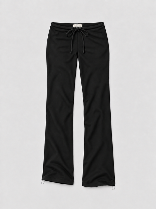 Black wide-leg lounge pants with an elastic drawstring waist, shown flat against a light gray background.